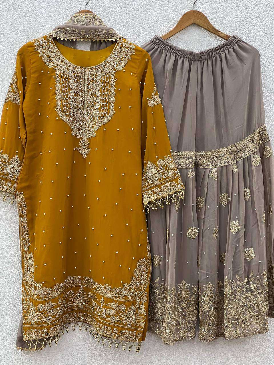 AAvaran Faux Georgette Kurta with Sharara Suit | AAvaran Kurti Set with dupatta & Sharara Plazo