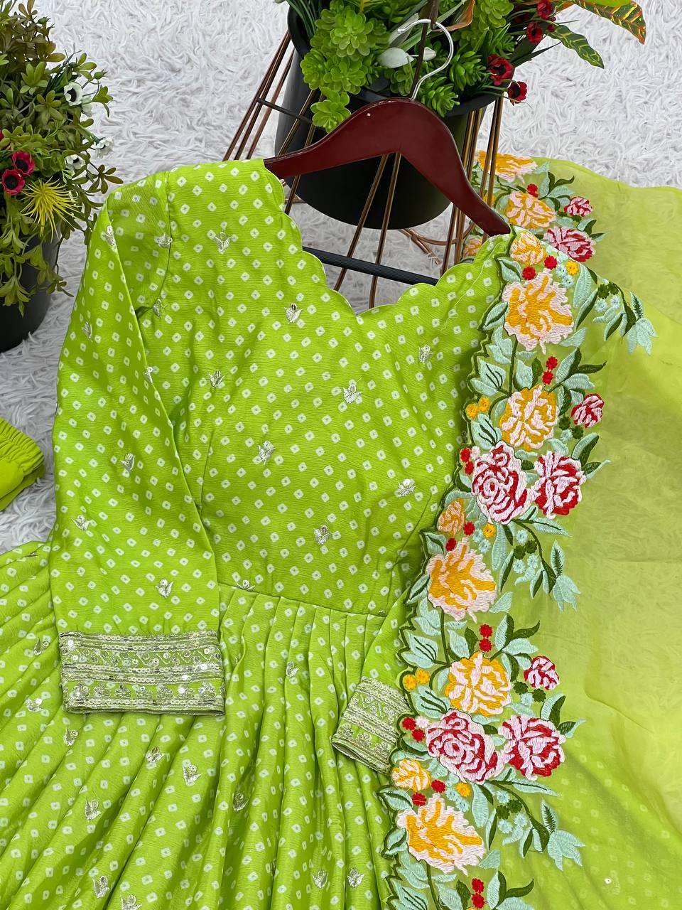 AAvaran Embroidered Chinon Silk Anarkali Set with Net Dupatta