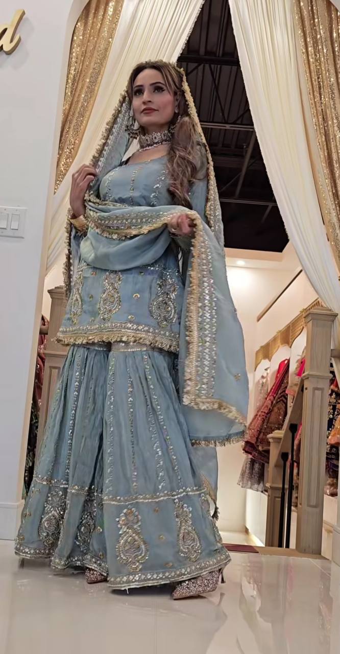 AAvaran AAvaran Chinon Silk Embroidered Sharara Set with Fancy Dupatta Kurti Set with dupatta & Sharara Plazo