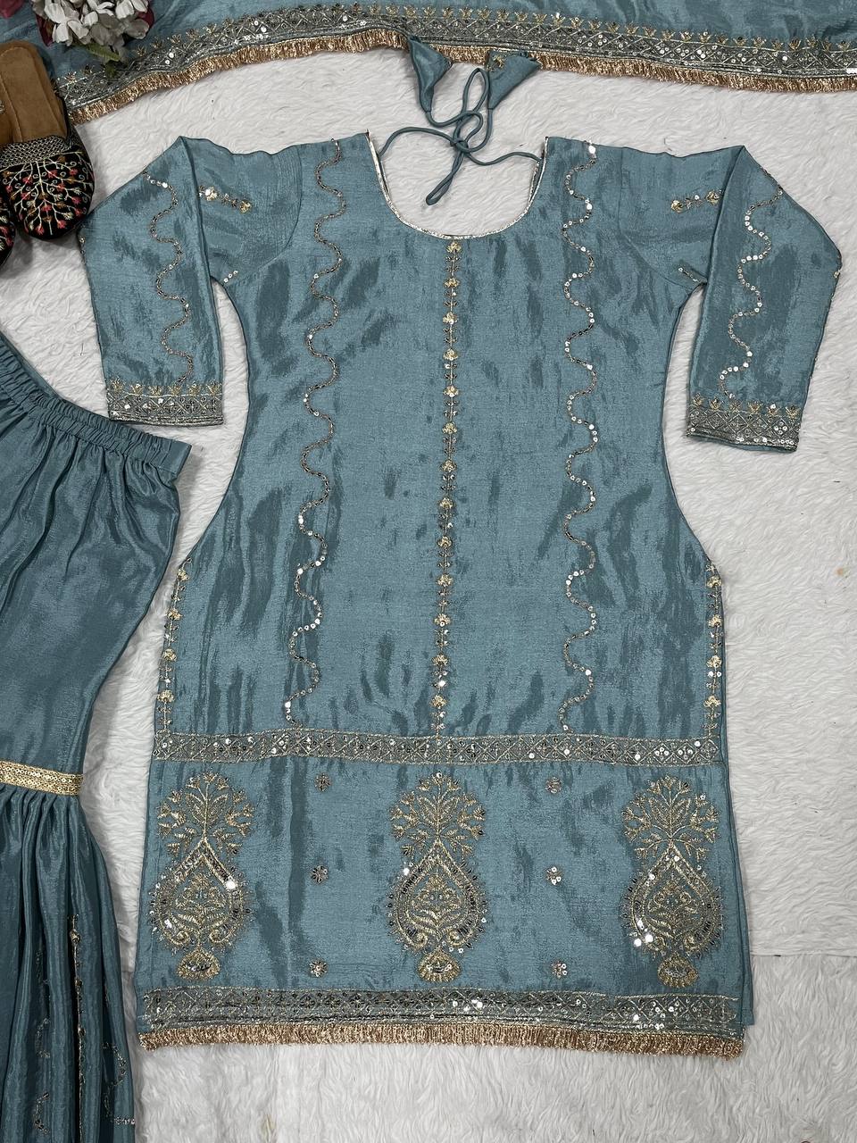 AAvaran AAvaran Chinon Silk Embroidered Sharara Set with Fancy Dupatta Kurti Set with dupatta & Sharara Plazo