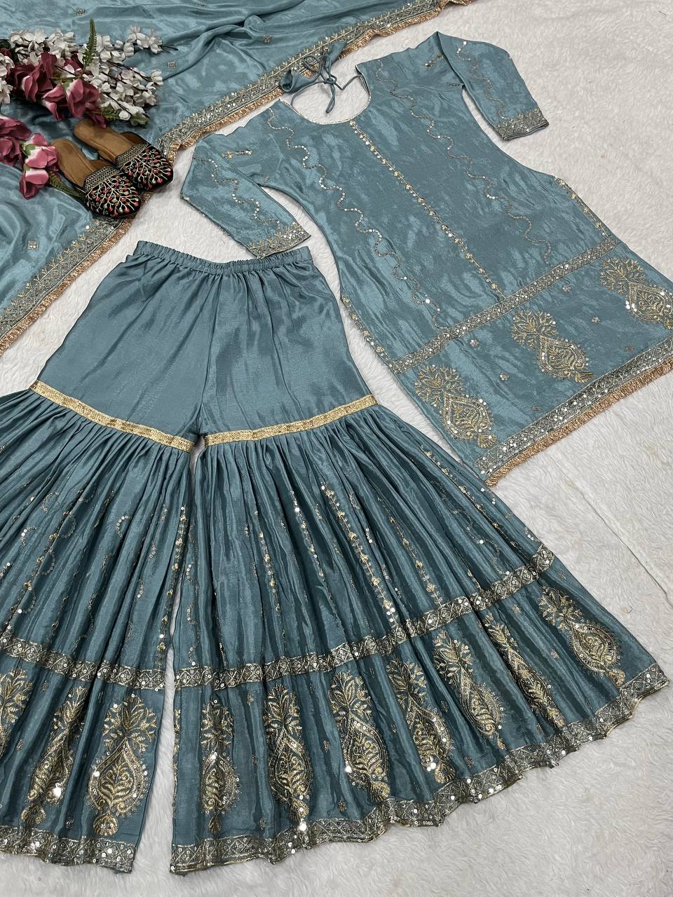 AAvaran AAvaran Chinon Silk Embroidered Sharara Set with Fancy Dupatta Kurti Set with dupatta & Sharara Plazo