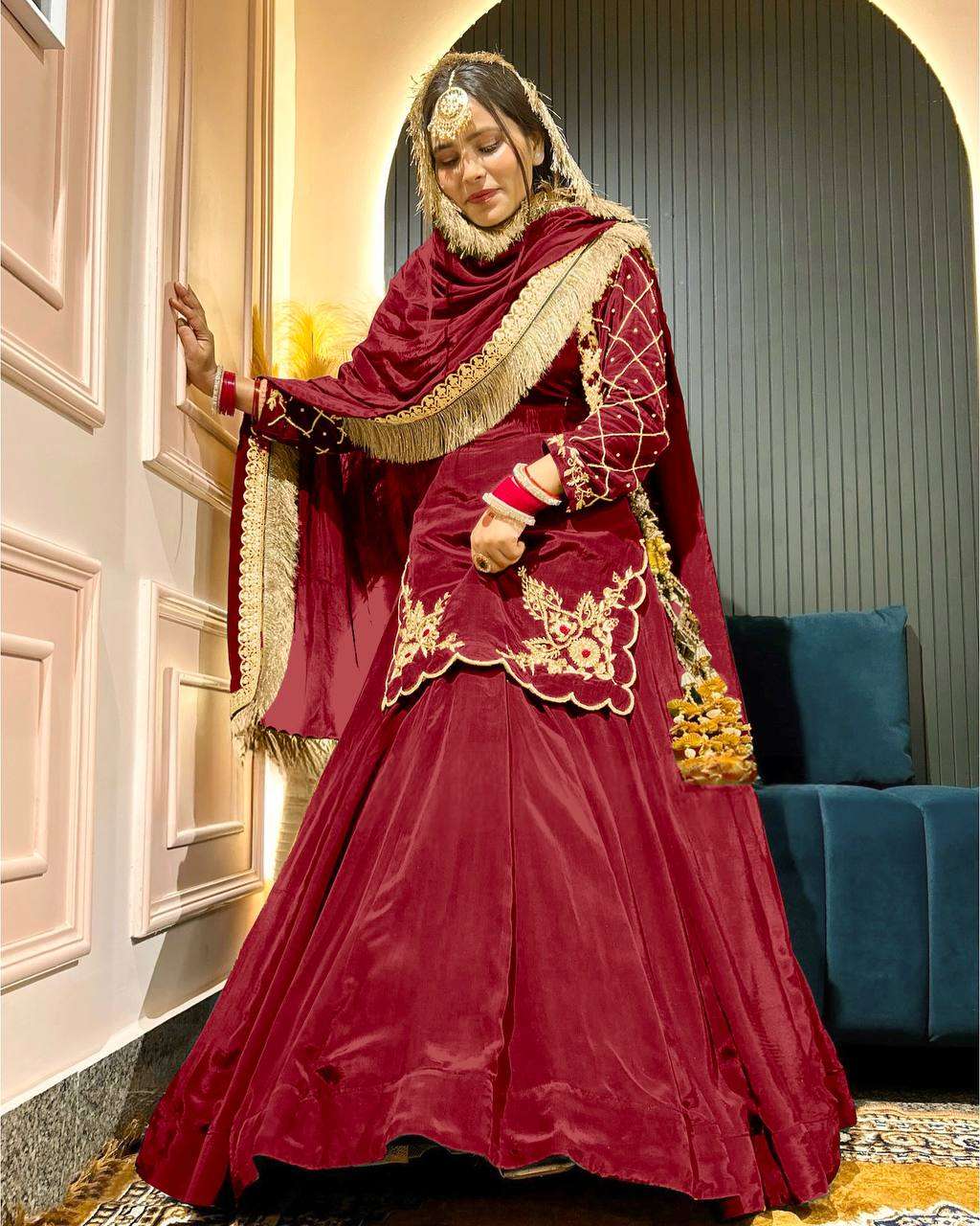 AAvaran Natural Crape Embroidered Kurti Lehenga Set with Dupatta | AAvaran Kurti Set with dupatta & Sharara Plazo