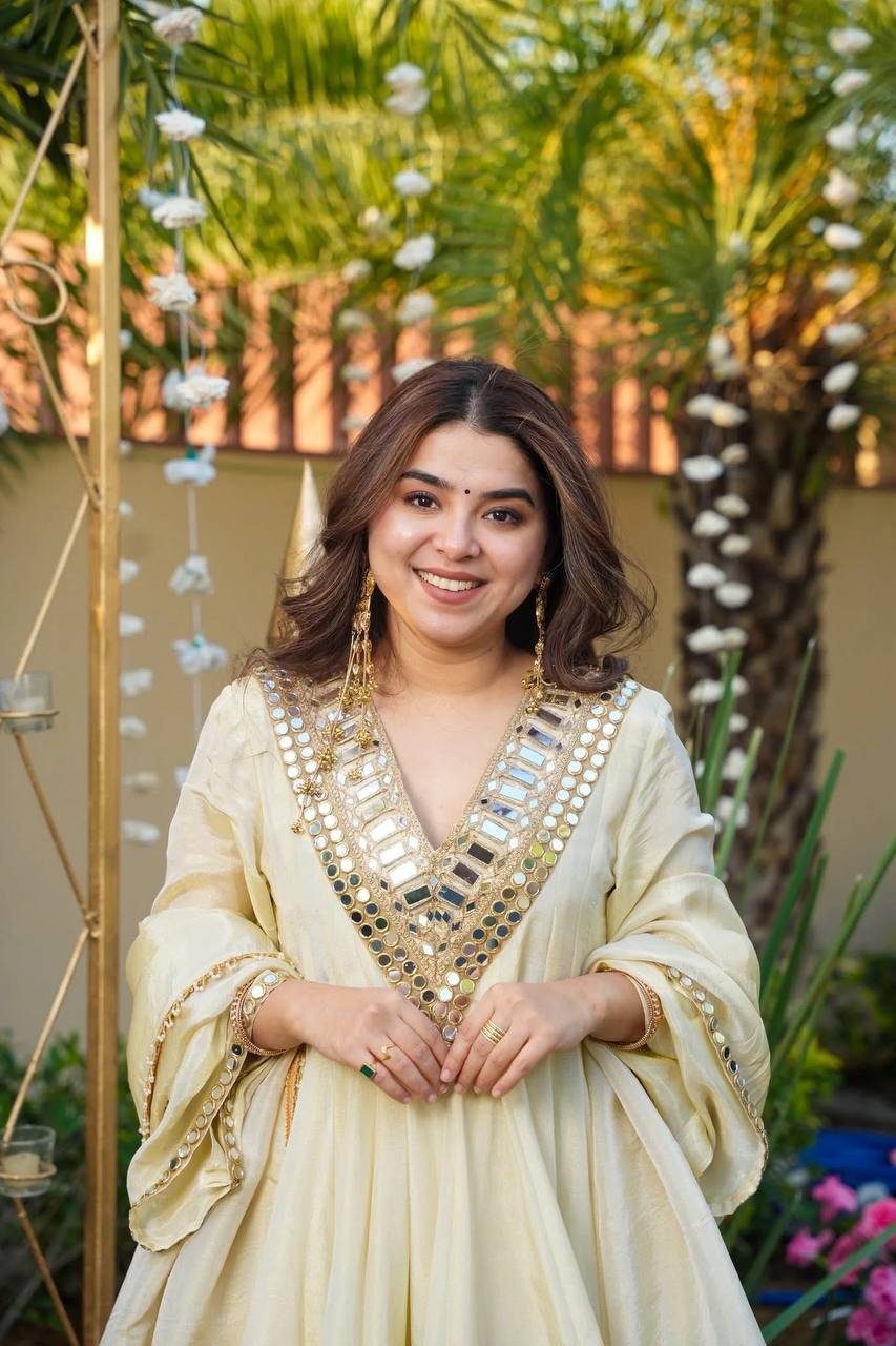 Cream Royale Mirror-Work Jari Silk Sharara Set