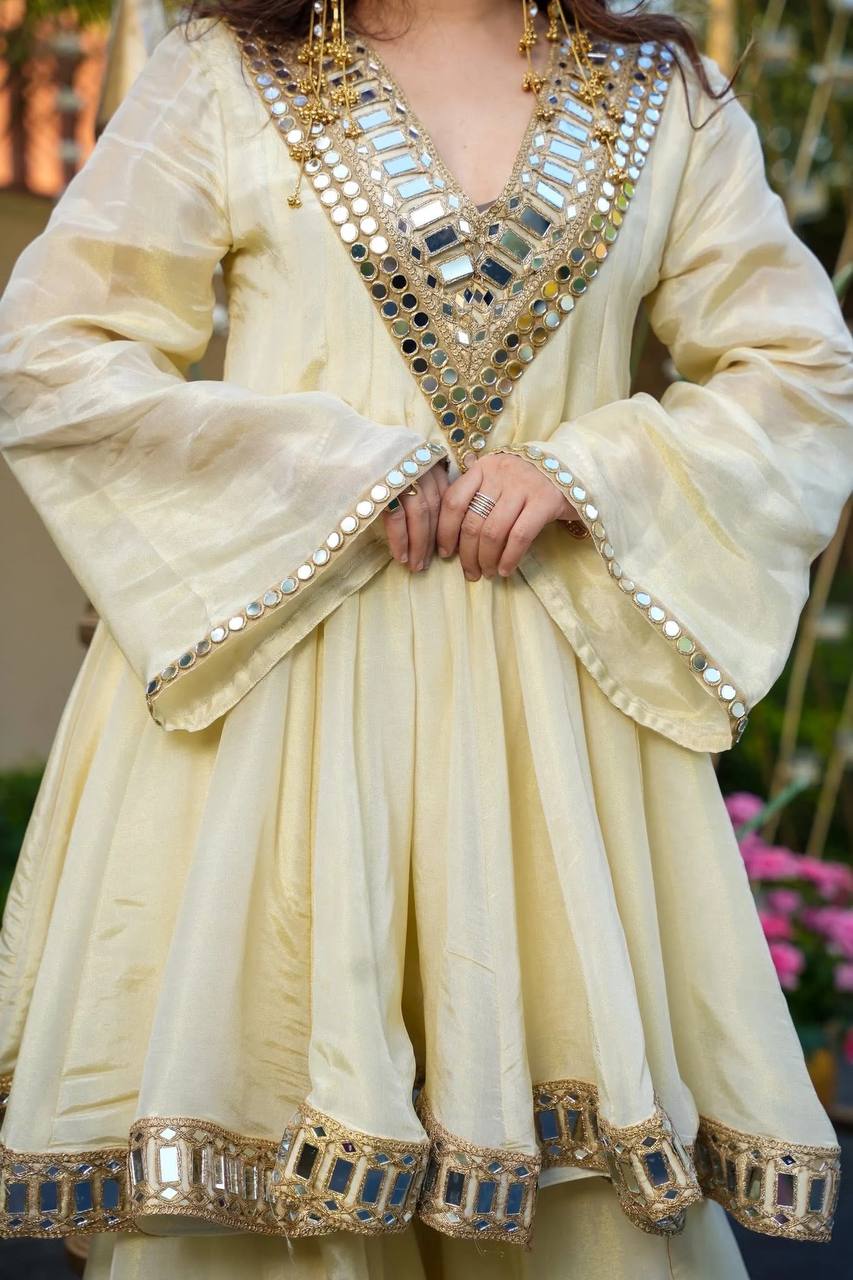 Cream Royale Mirror-Work Jari Silk Sharara Set