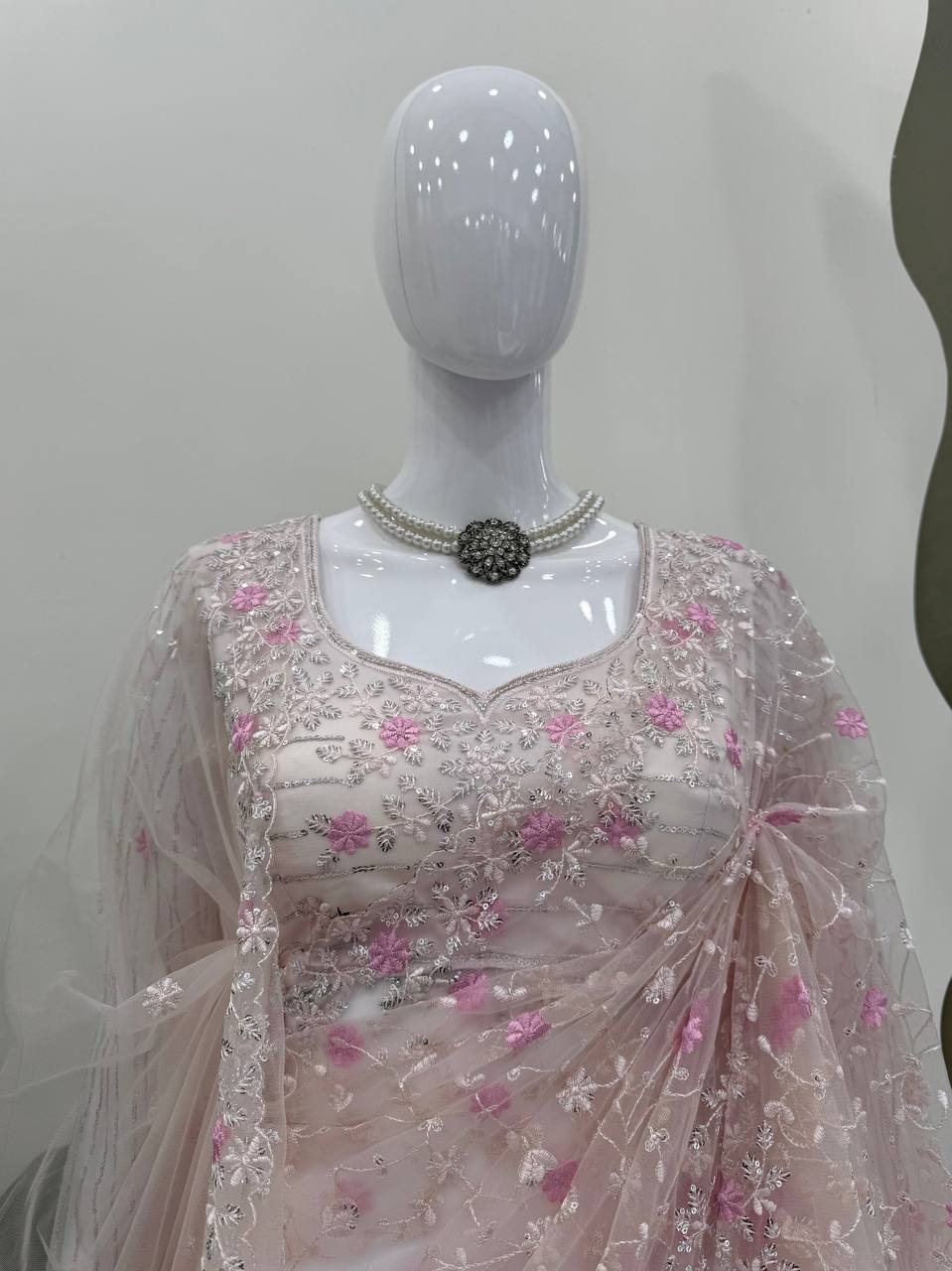 AAvaran Blush Whisper Embroidered Soft Net Saree by AAvaran Saree