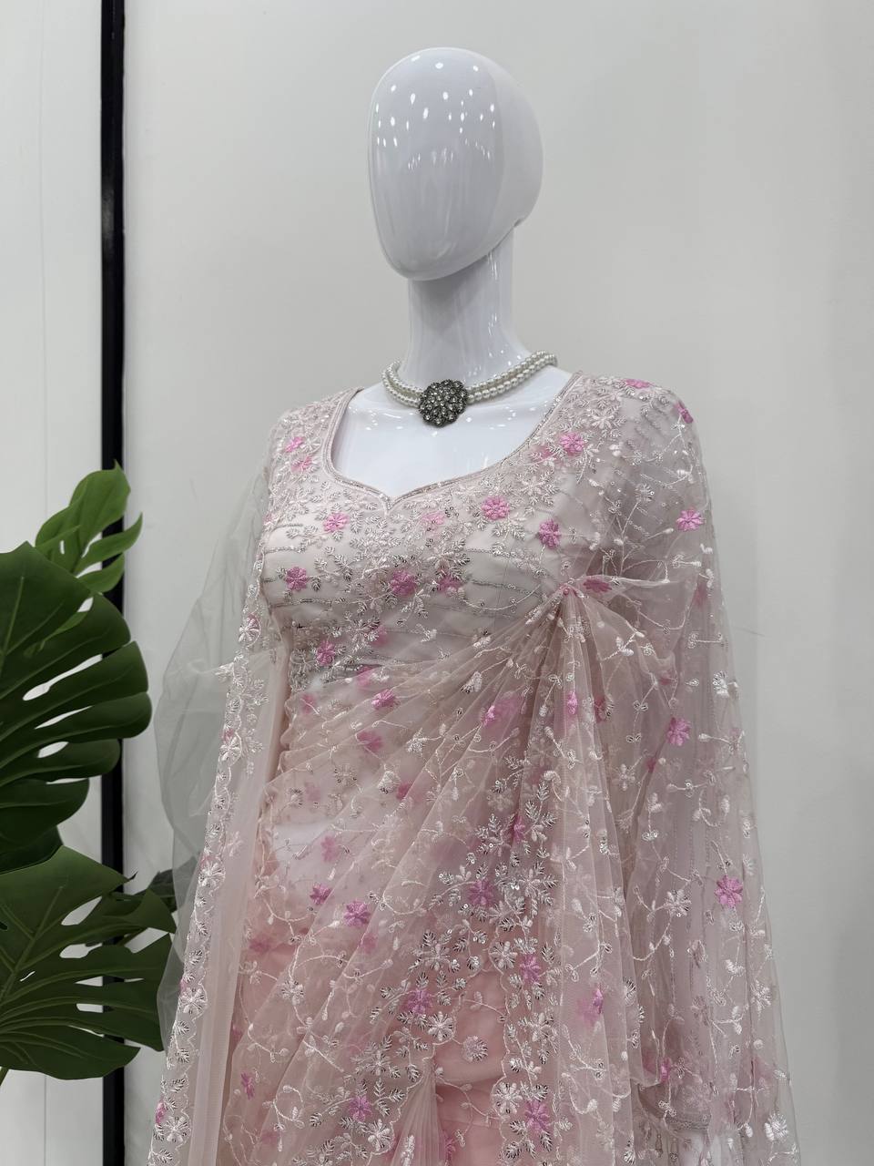 AAvaran Blush Whisper Embroidered Soft Net Saree by AAvaran Saree
