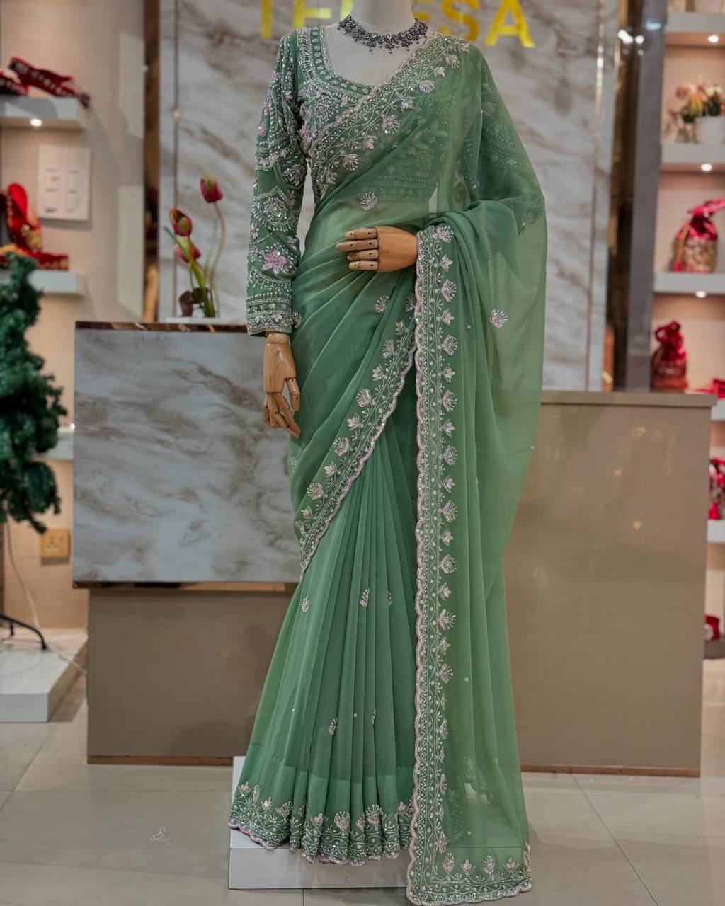 AAvaran Mint Whisper Pearl-Embroidered Georgette Saree by AAvaran Saree