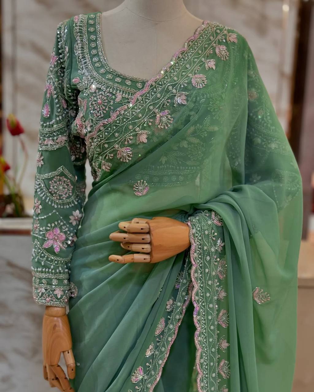 AAvaran Mint Whisper Pearl-Embroidered Georgette Saree by AAvaran Saree