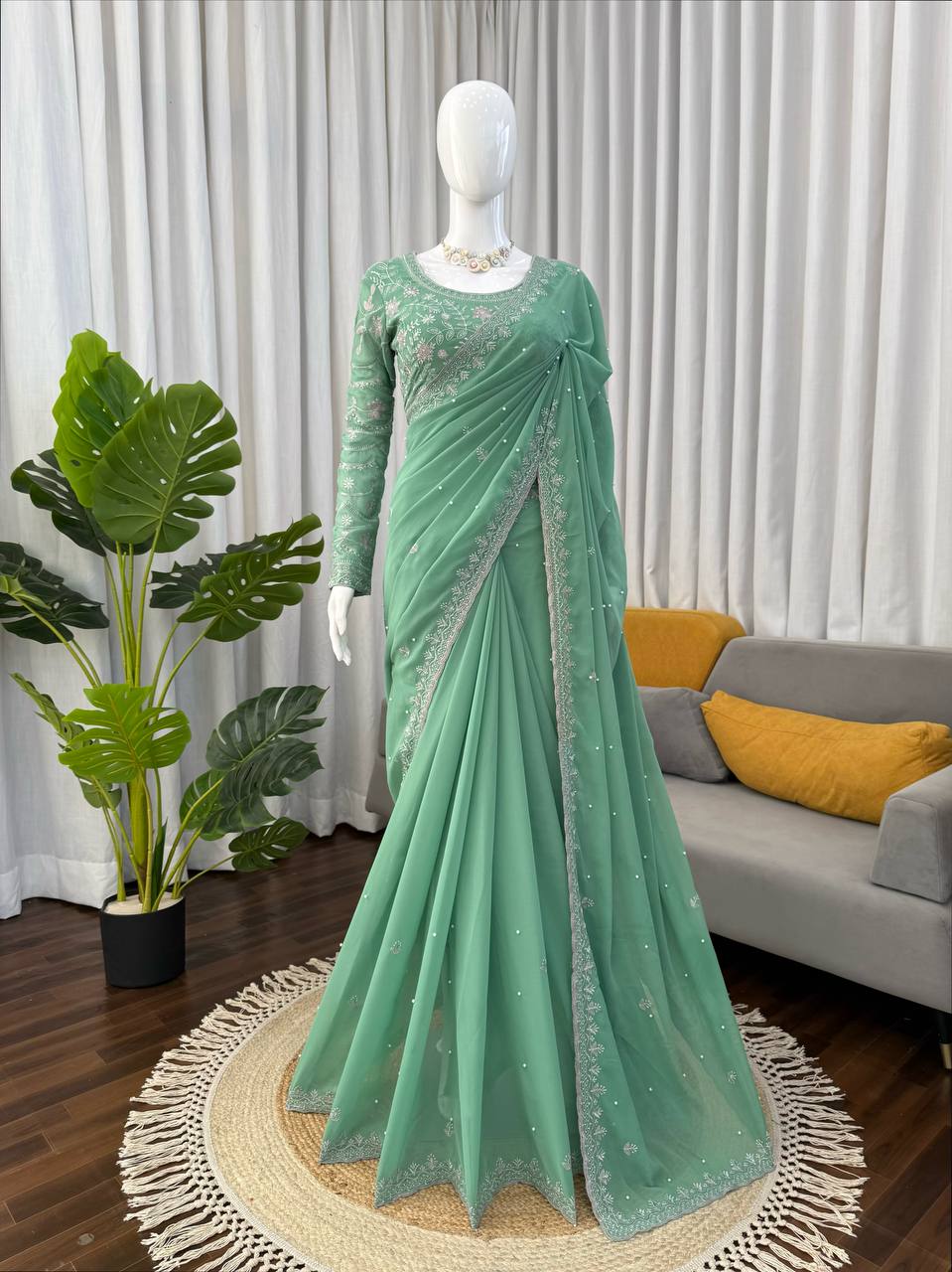 AAvaran Mint Whisper Pearl-Embroidered Georgette Saree by AAvaran Saree