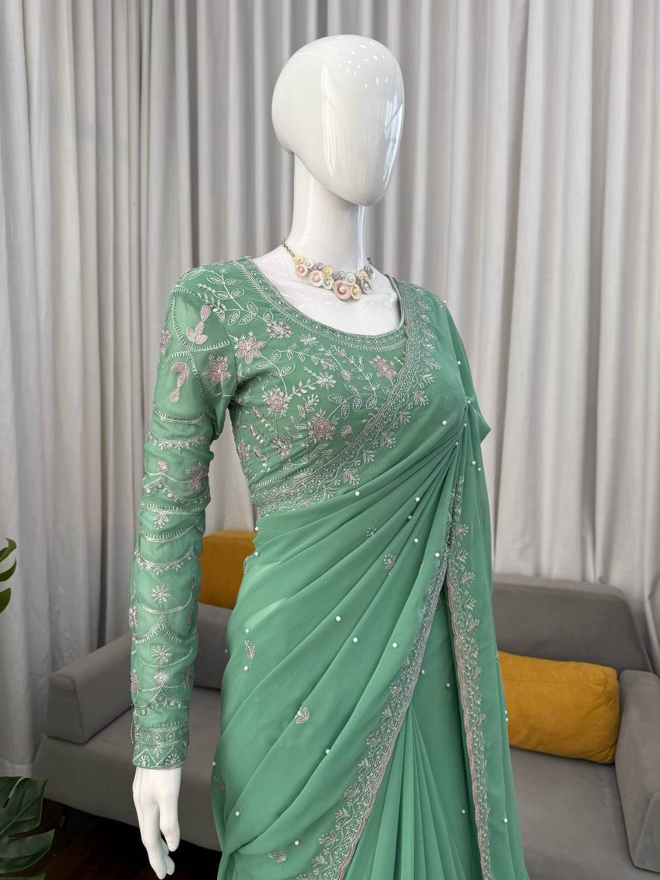 AAvaran Mint Whisper Pearl-Embroidered Georgette Saree by AAvaran Saree
