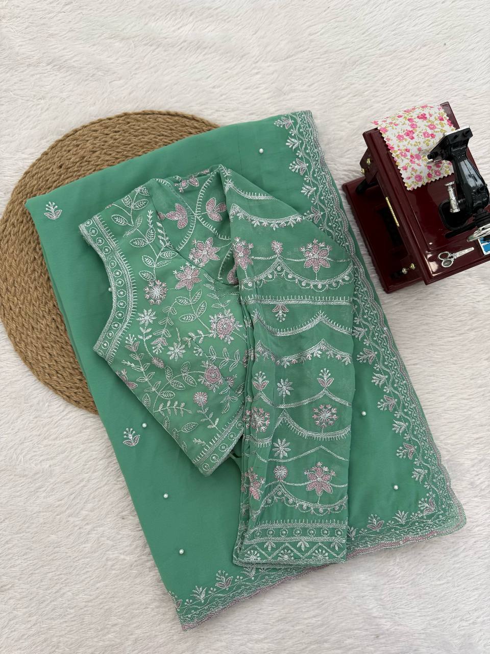 AAvaran Mint Whisper Pearl-Embroidered Georgette Saree by AAvaran Saree