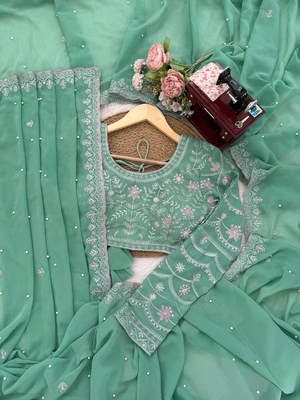 AAvaran Mint Whisper Pearl-Embroidered Georgette Saree by AAvaran Saree
