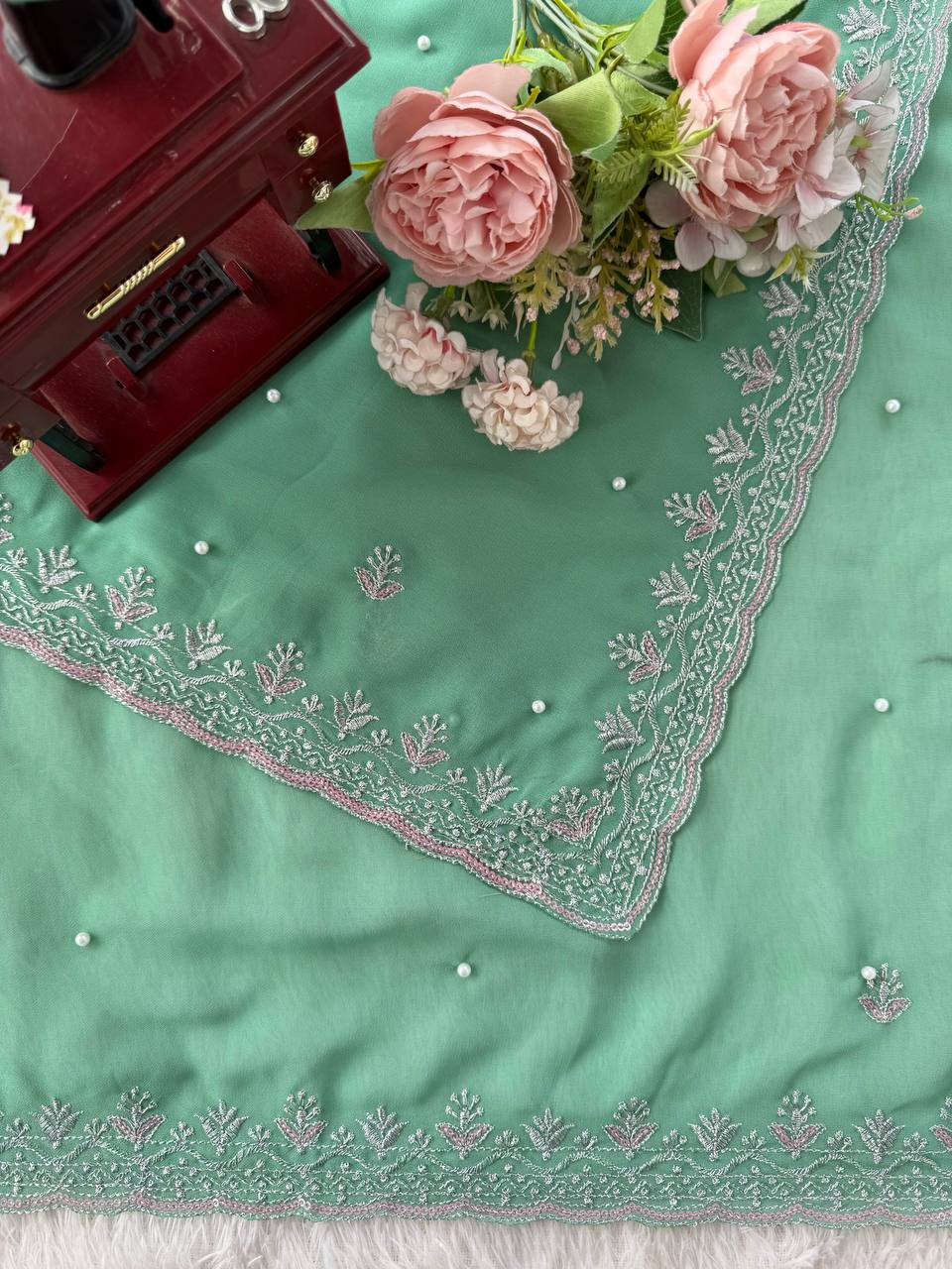 AAvaran Mint Whisper Pearl-Embroidered Georgette Saree by AAvaran Saree