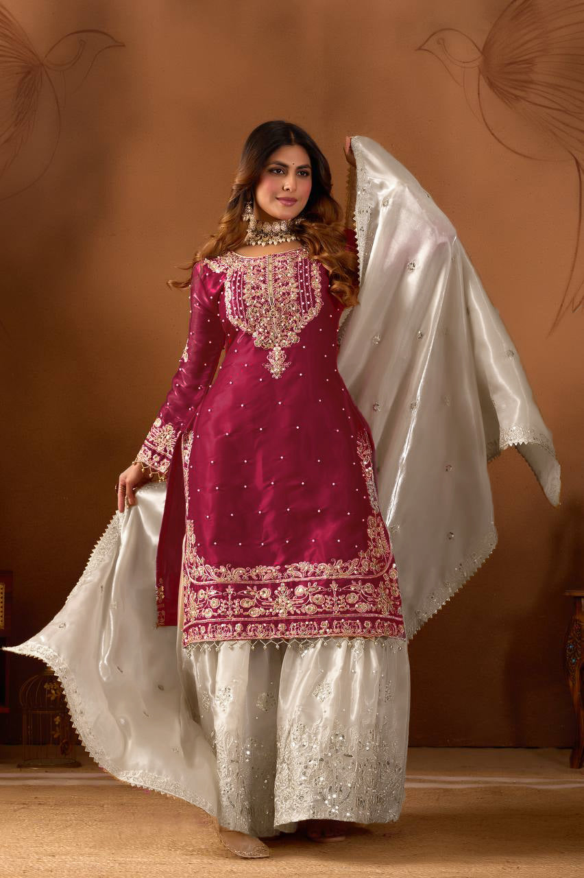 Ruby Red Luxe Embroidered Jimmy Choo Silk Sharara Set