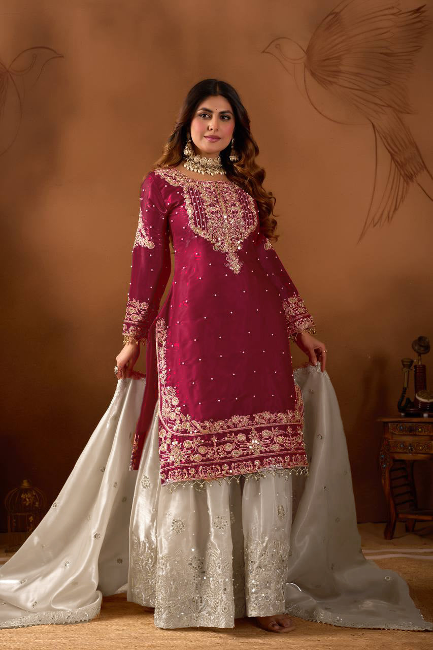 Ruby Red Luxe Embroidered Jimmy Choo Silk Sharara Set