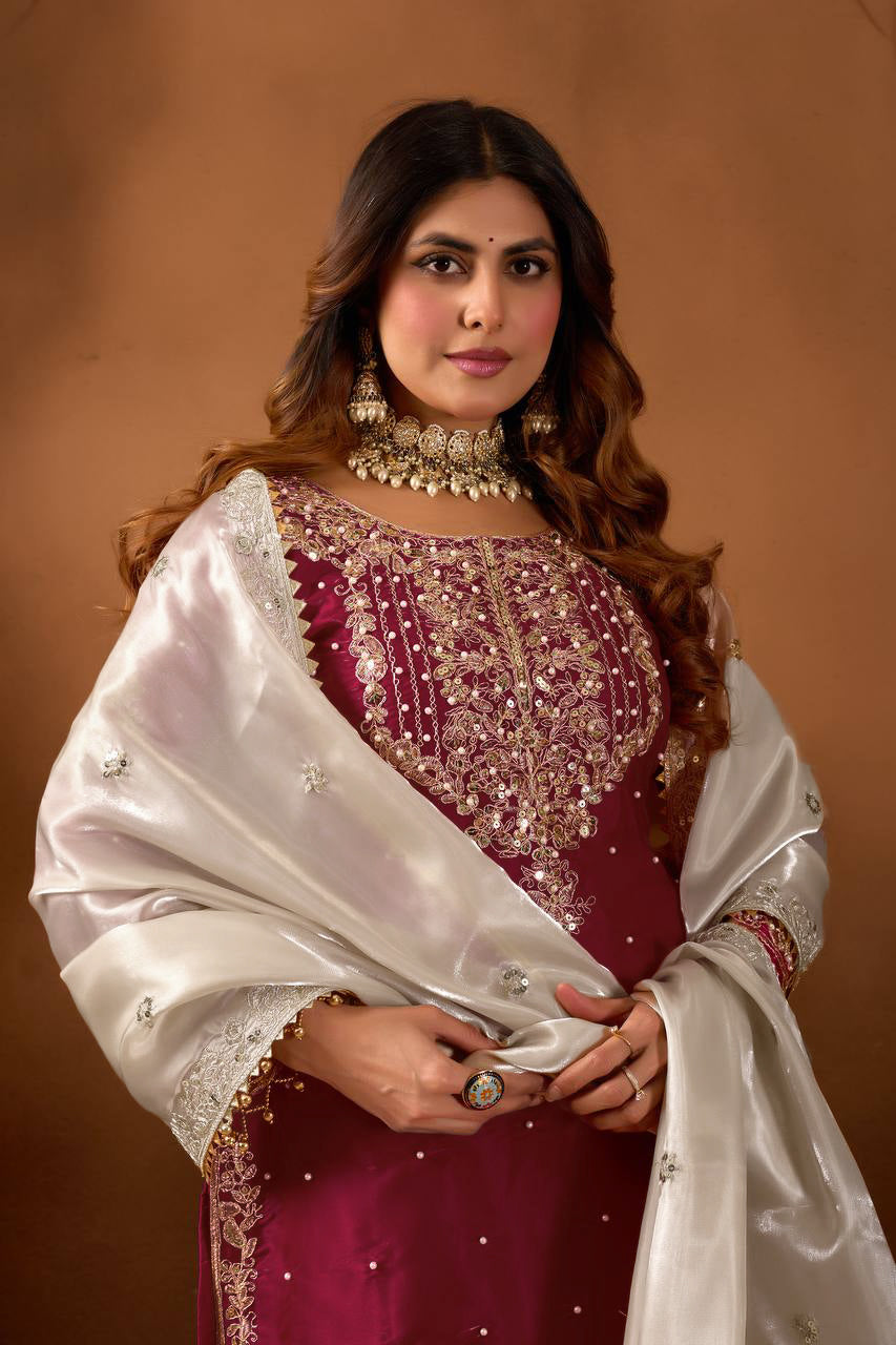 Ruby Red Luxe Embroidered Jimmy Choo Silk Sharara Set