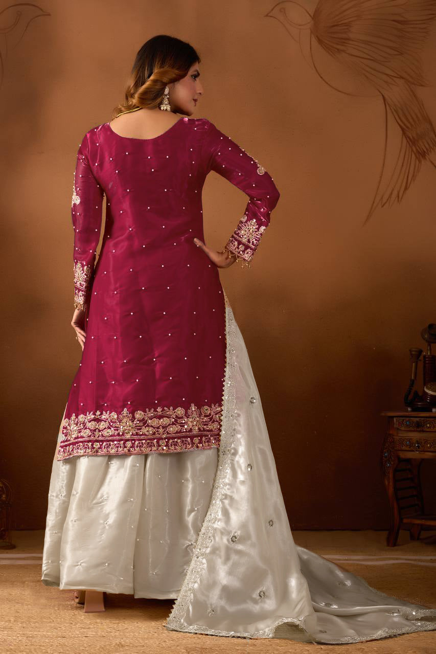 Ruby Red Luxe Embroidered Jimmy Choo Silk Sharara Set