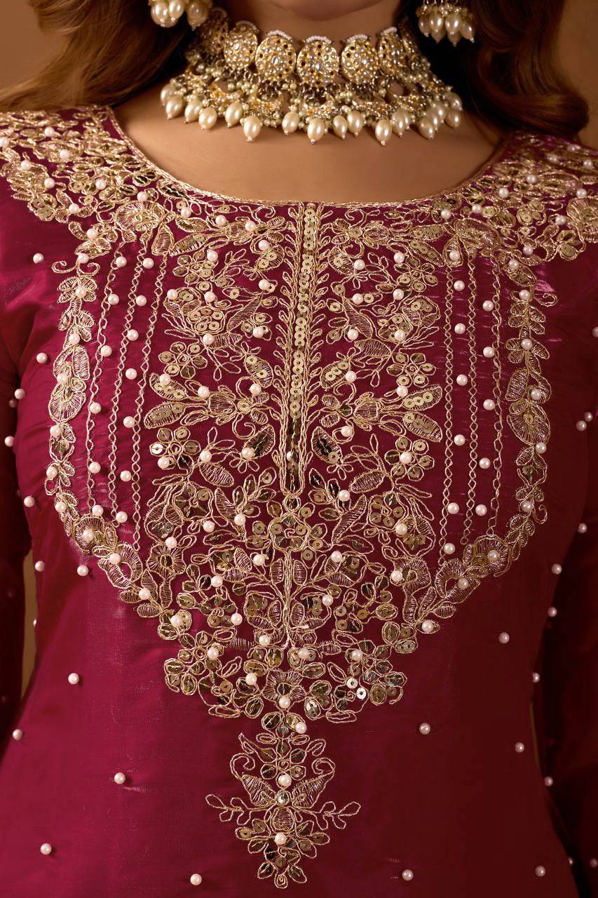 AAvaran Ruby Red Luxe Embroidered Jimmy Choo Silk Sharara Set Kurti Set with dupatta & Sharara Plazo