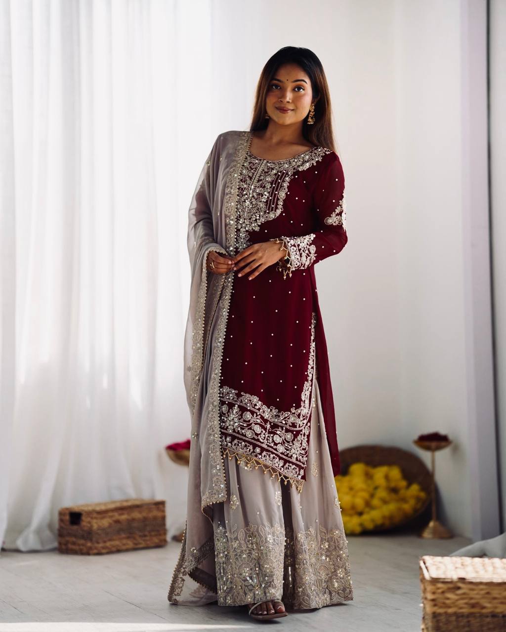 AAvaran Faux Georgette Kurta with Sharara Suit | AAvaran Maroon Kurti Set with dupatta & Sharara Plazo