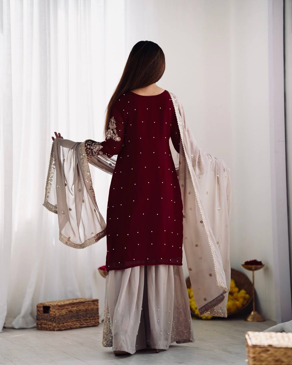 AAvaran Faux Georgette Kurta with Sharara Suit | AAvaran Kurti Set with dupatta & Sharara Plazo