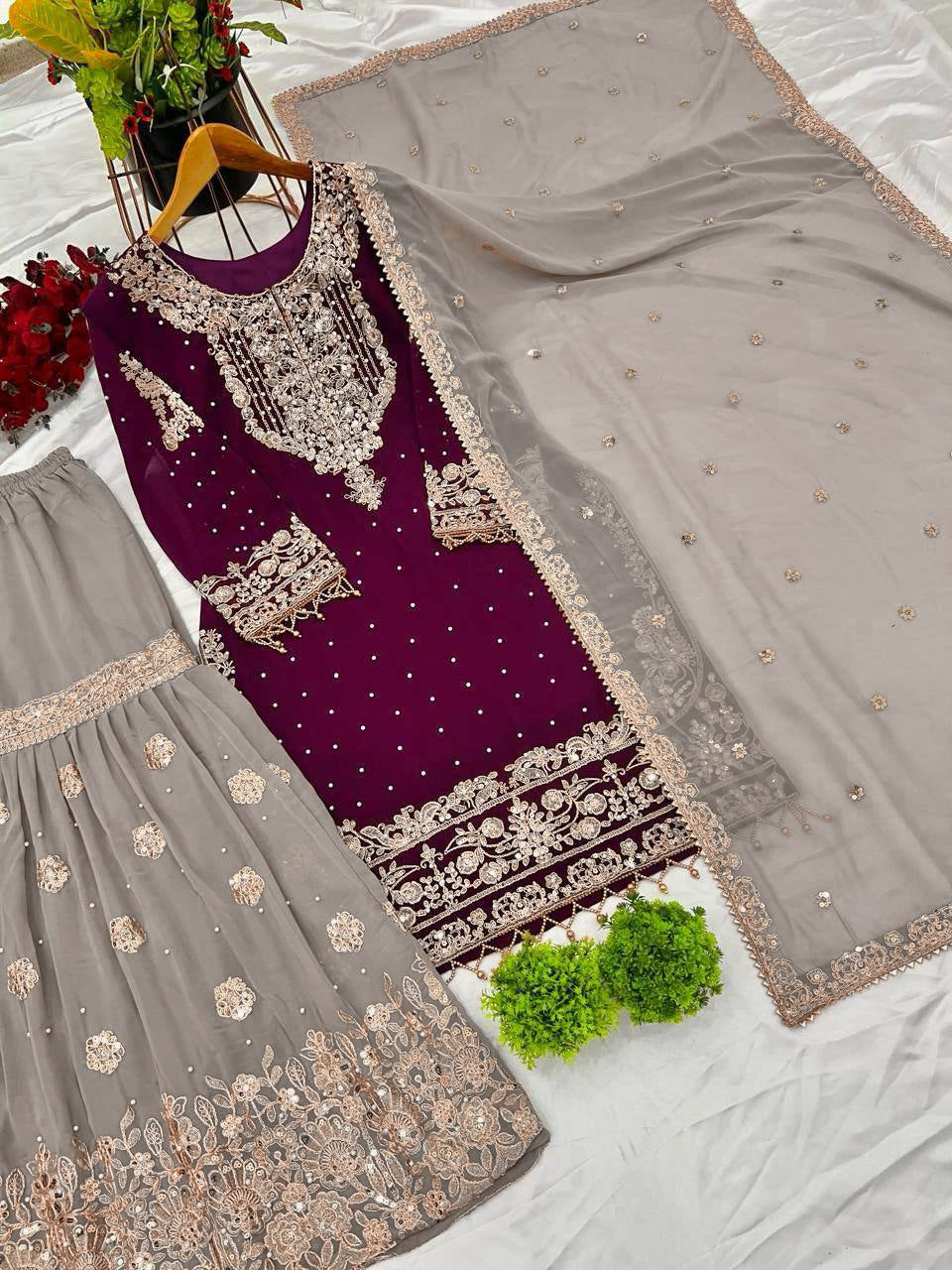 AAvaran Faux Georgette Kurta with Sharara Suit | AAvaran Kurti Set with dupatta & Sharara Plazo