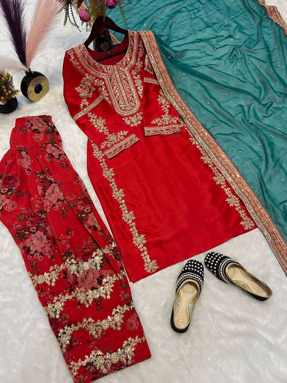 AAvaran AAvaran Red Heavy Malay Silk Embroidered Farsi Suit Kurti Set Salwar Suit