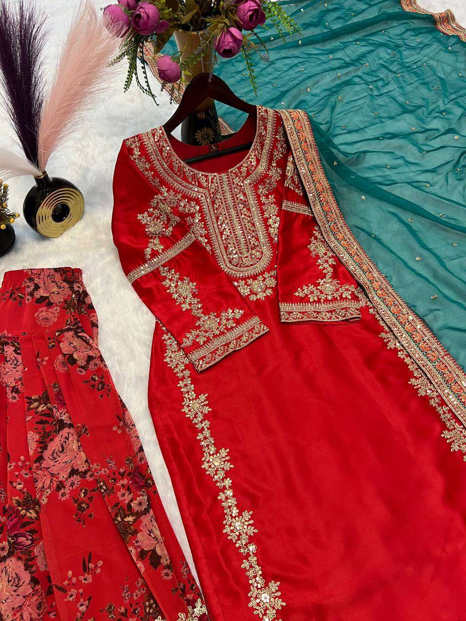 AAvaran AAvaran Red Heavy Malay Silk Embroidered Farsi Suit Kurti Set Salwar Suit