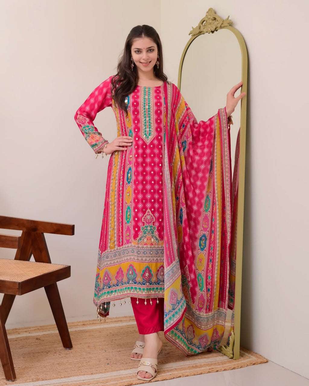 AAvaran AAvaran Red Mirror Work Muslin Kurti Pant Set with Printed Dupatta Kurti Set with dupatta & Pant