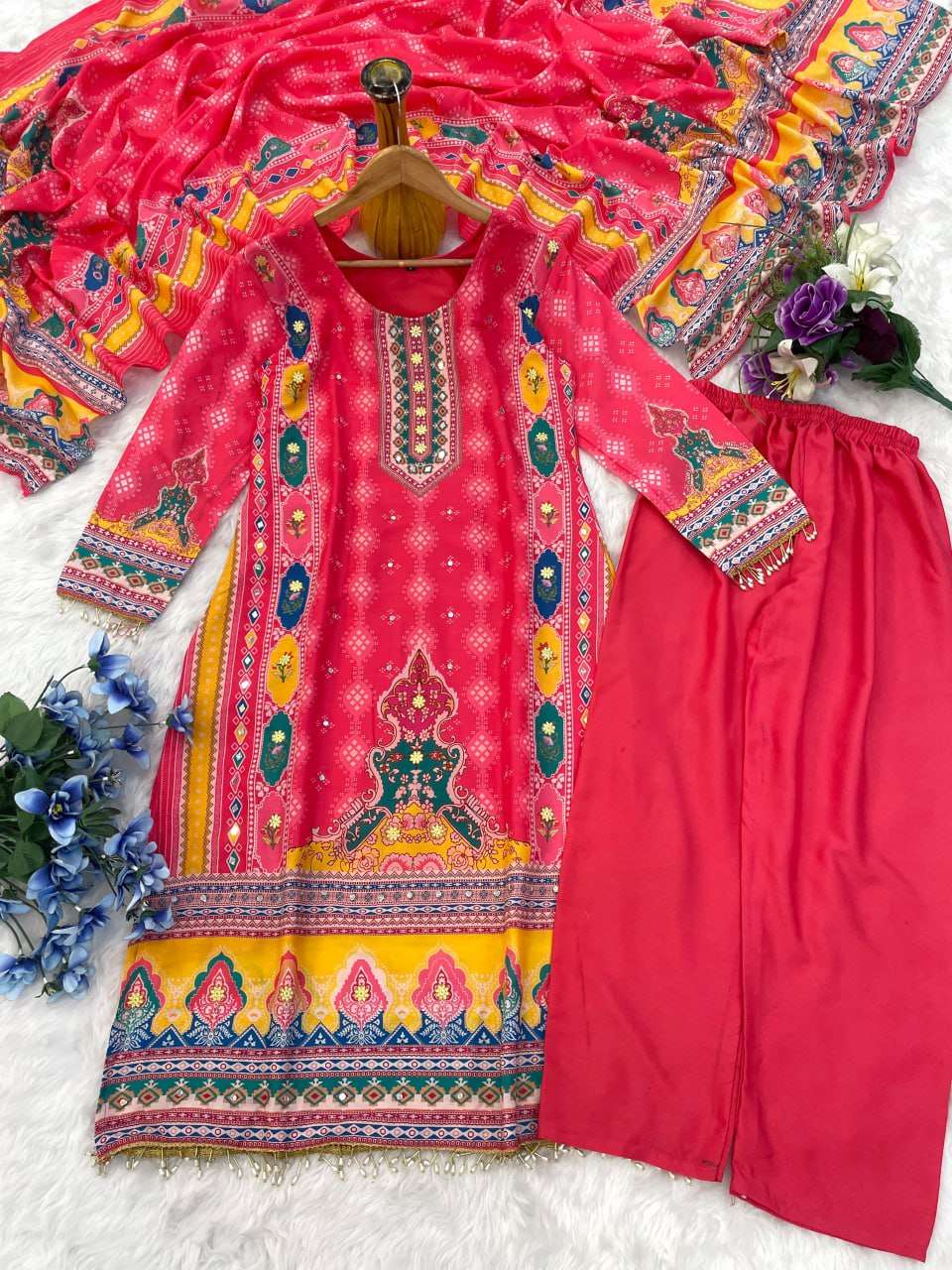 AAvaran AAvaran Red Mirror Work Muslin Kurti Pant Set with Printed Dupatta Kurti Set with dupatta & Pant