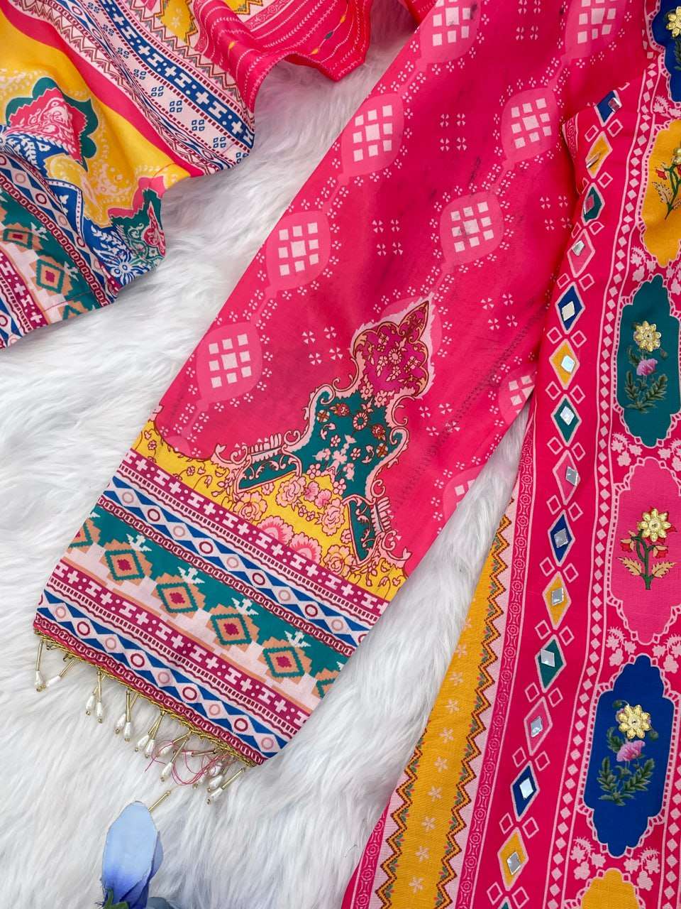 AAvaran AAvaran Red Mirror Work Muslin Kurti Pant Set with Printed Dupatta Kurti Set with dupatta & Pant