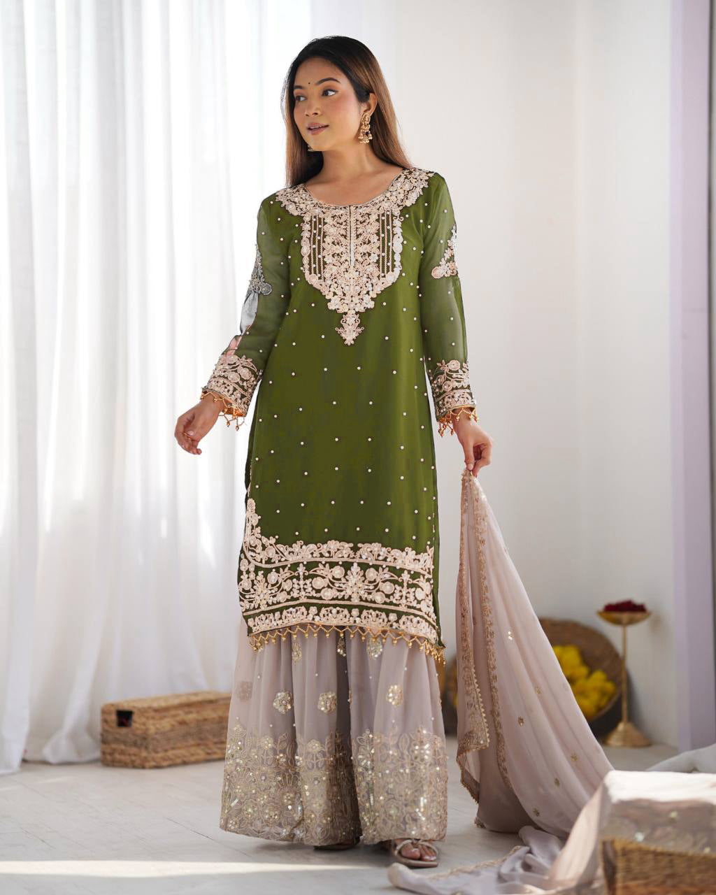 AAvaran Faux Georgette Kurta with Sharara Suit | AAvaran Kurti Set with dupatta & Sharara Plazo