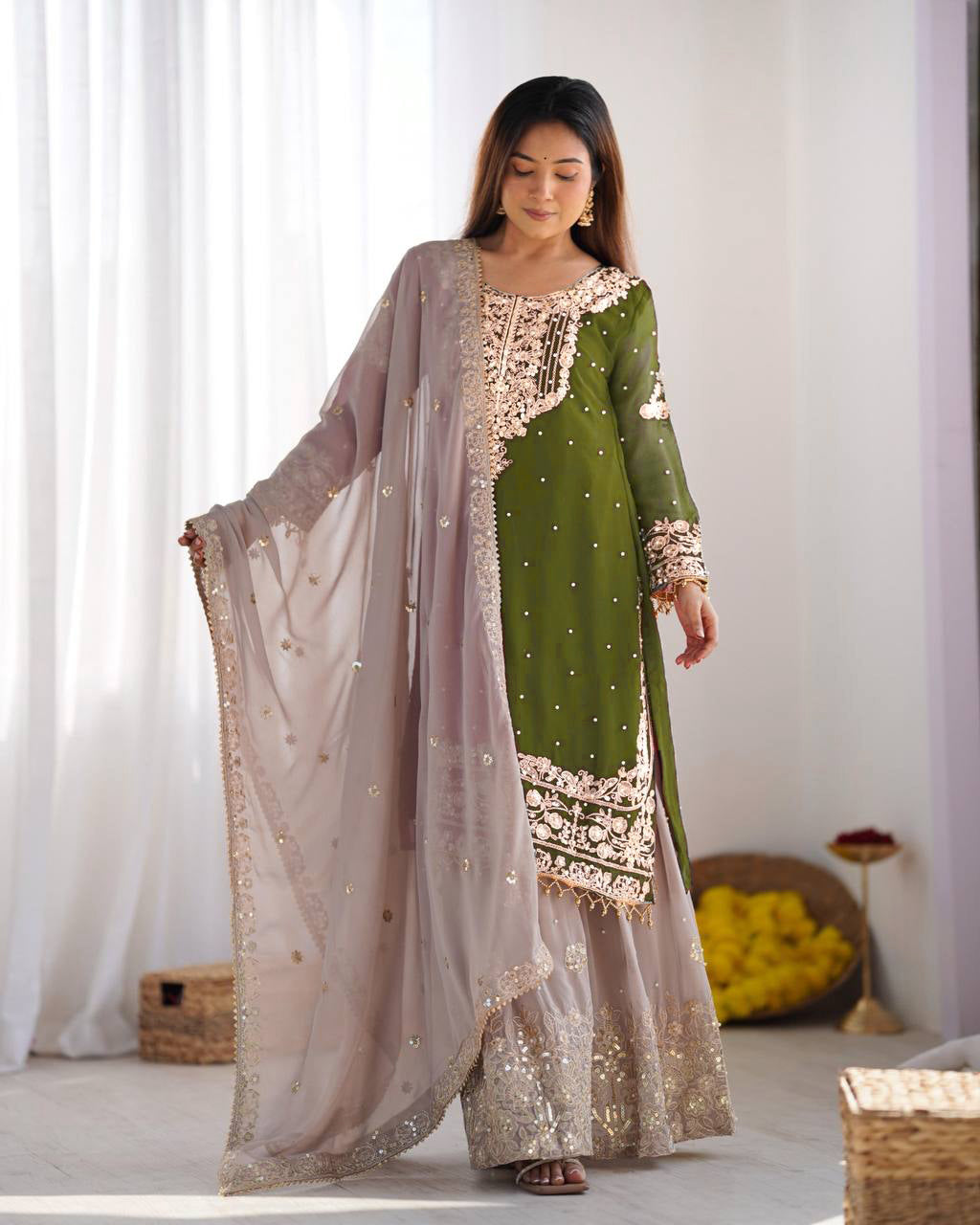 AAvaran Faux Georgette Kurta with Sharara Suit | AAvaran Avocado green Kurti Set with dupatta & Sharara Plazo