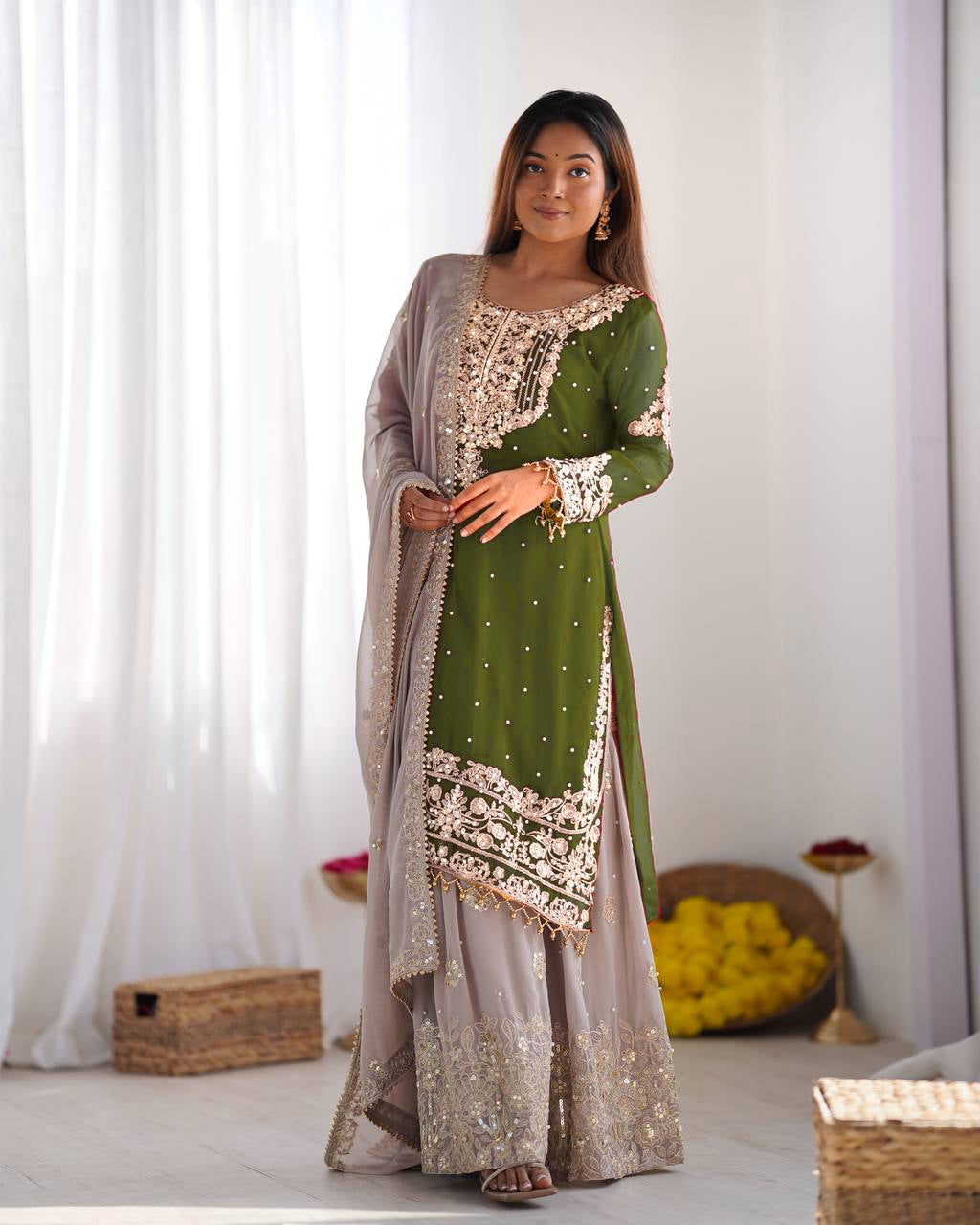 AAvaran Faux Georgette Kurta with Sharara Suit | AAvaran Kurti Set with dupatta & Sharara Plazo