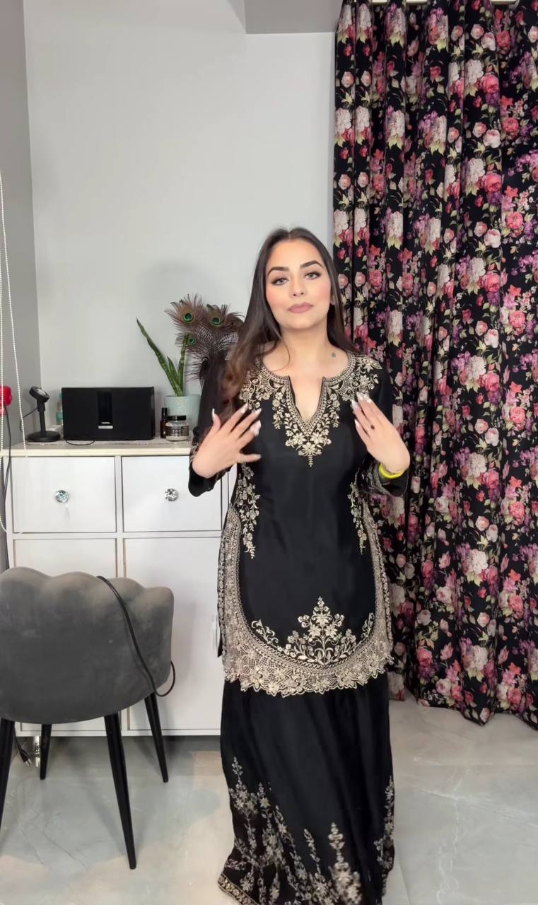 AAvaran Midnight Sparkle Chinon Silk Embroidered Sharara Set with Dupatta – AAvaran Kurti Set with dupatta & Sharara Plazo