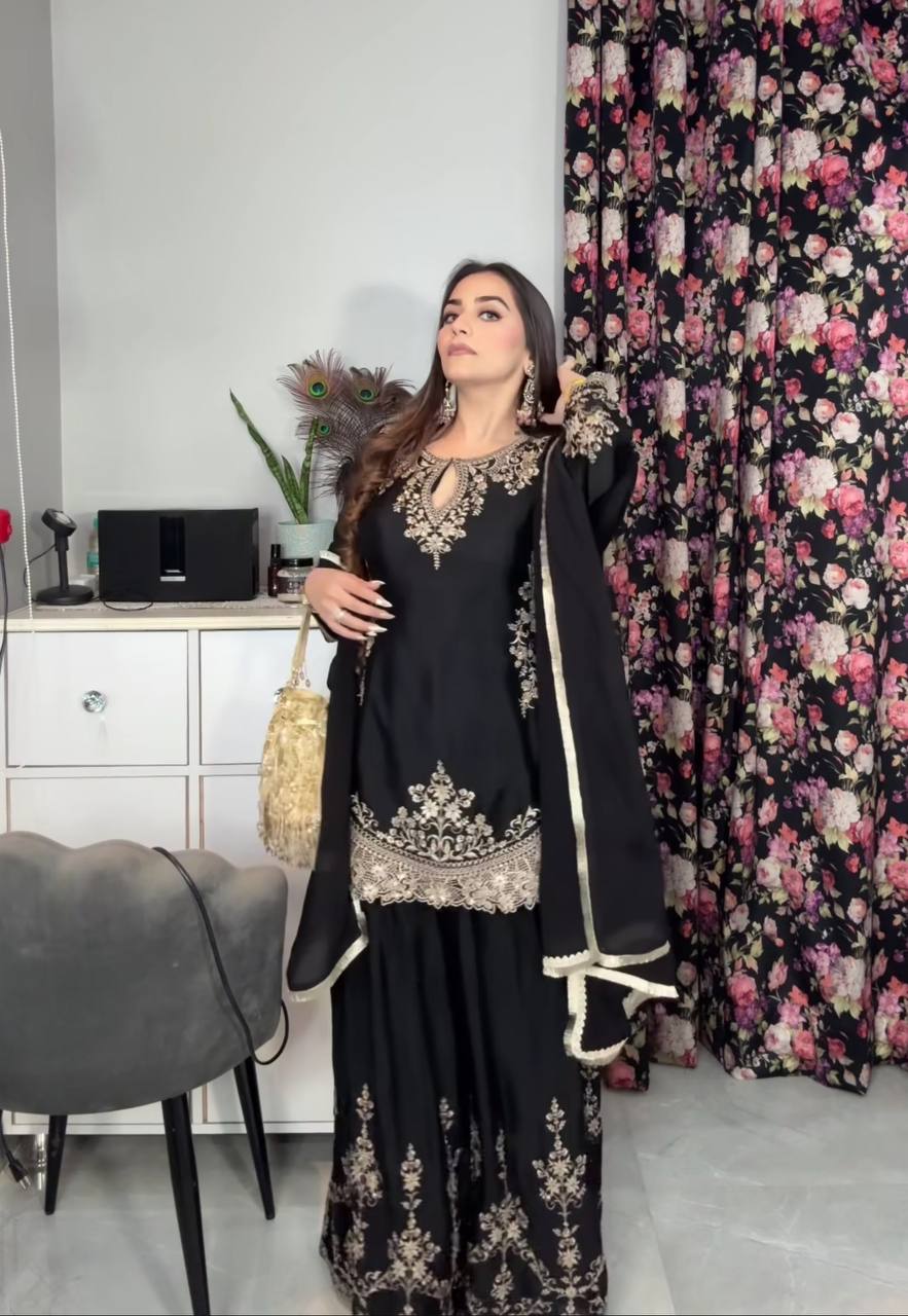 AAvaran Midnight Sparkle Chinon Silk Embroidered Sharara Set with Dupatta – AAvaran Kurti Set with dupatta & Sharara Plazo