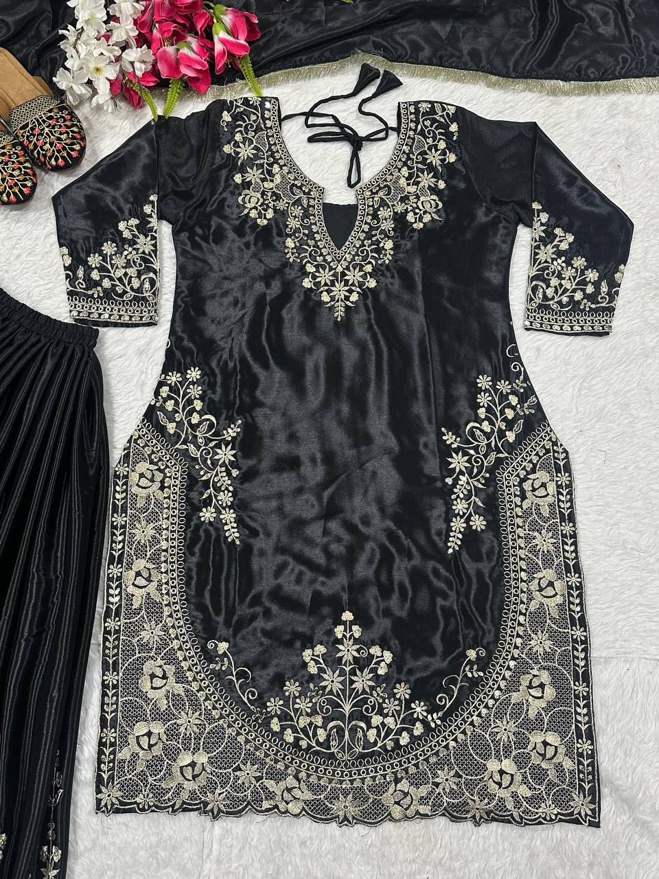 AAvaran Midnight Sparkle Chinon Silk Embroidered Sharara Set with Dupatta – AAvaran Kurti Set with dupatta & Sharara Plazo