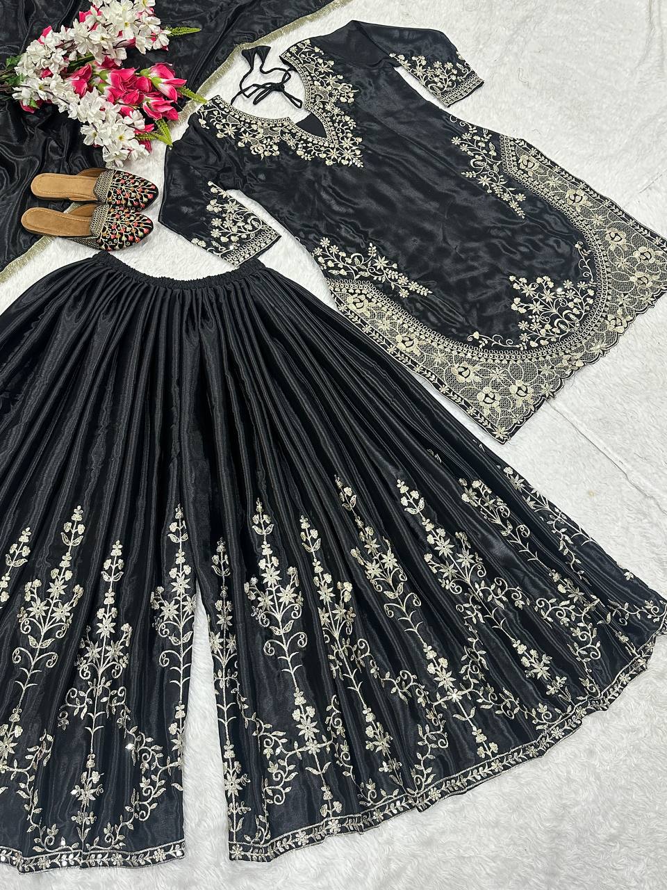 AAvaran Midnight Sparkle Chinon Silk Embroidered Sharara Set with Dupatta – AAvaran Kurti Set with dupatta & Sharara Plazo