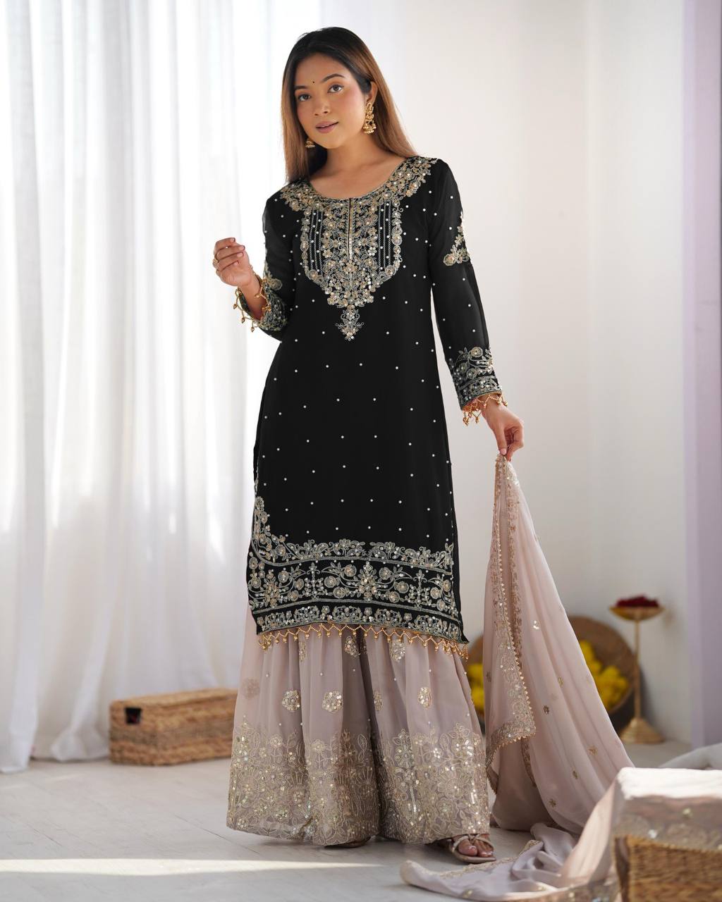 AAvaran Faux Georgette Kurta with Sharara Suit | AAvaran Kurti Set with dupatta & Sharara Plazo