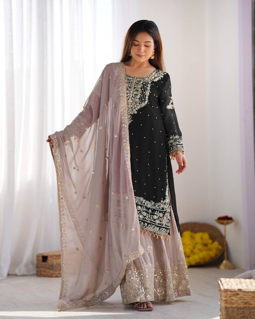 AAvaran Faux Georgette Kurta with Sharara Suit | AAvaran Kurti Set with dupatta & Sharara Plazo