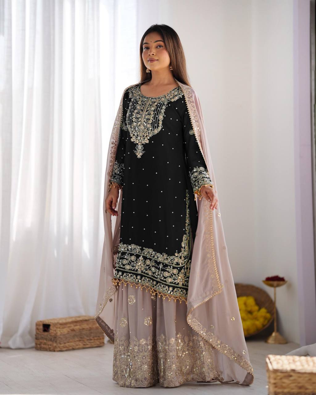 AAvaran Faux Georgette Kurta with Sharara Suit | AAvaran Black Kurti Set with dupatta & Sharara Plazo