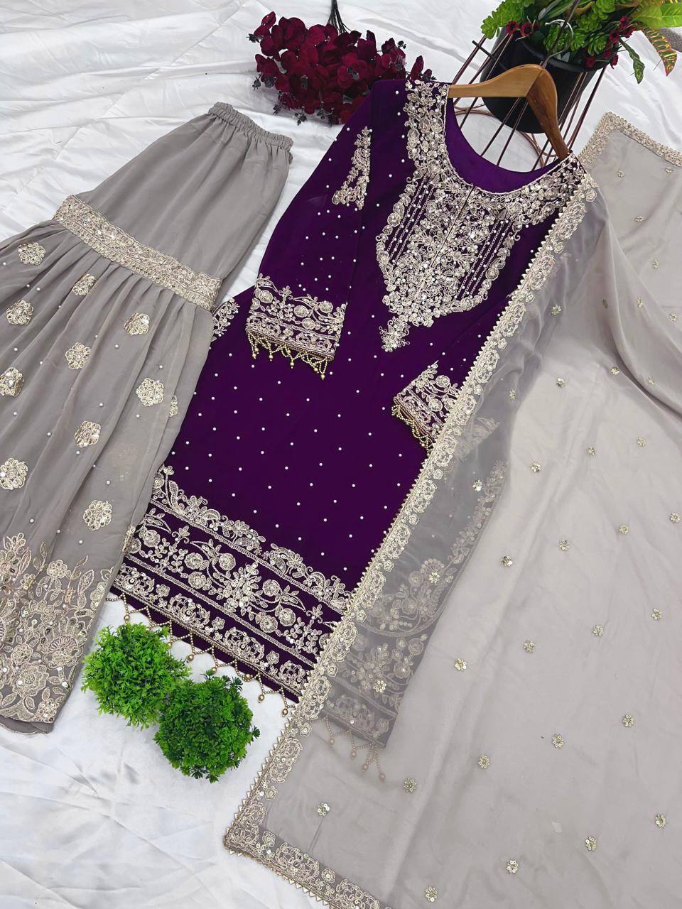 AAvaran Faux Georgette Kurta with Sharara Suit | AAvaran Kurti Set with dupatta & Sharara Plazo