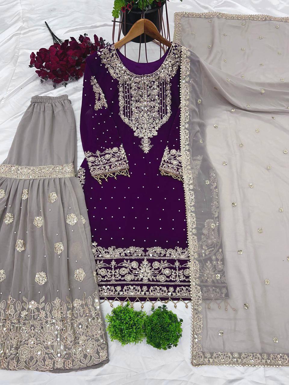 AAvaran Faux Georgette Kurta with Sharara Suit | AAvaran Kurti Set with dupatta & Sharara Plazo
