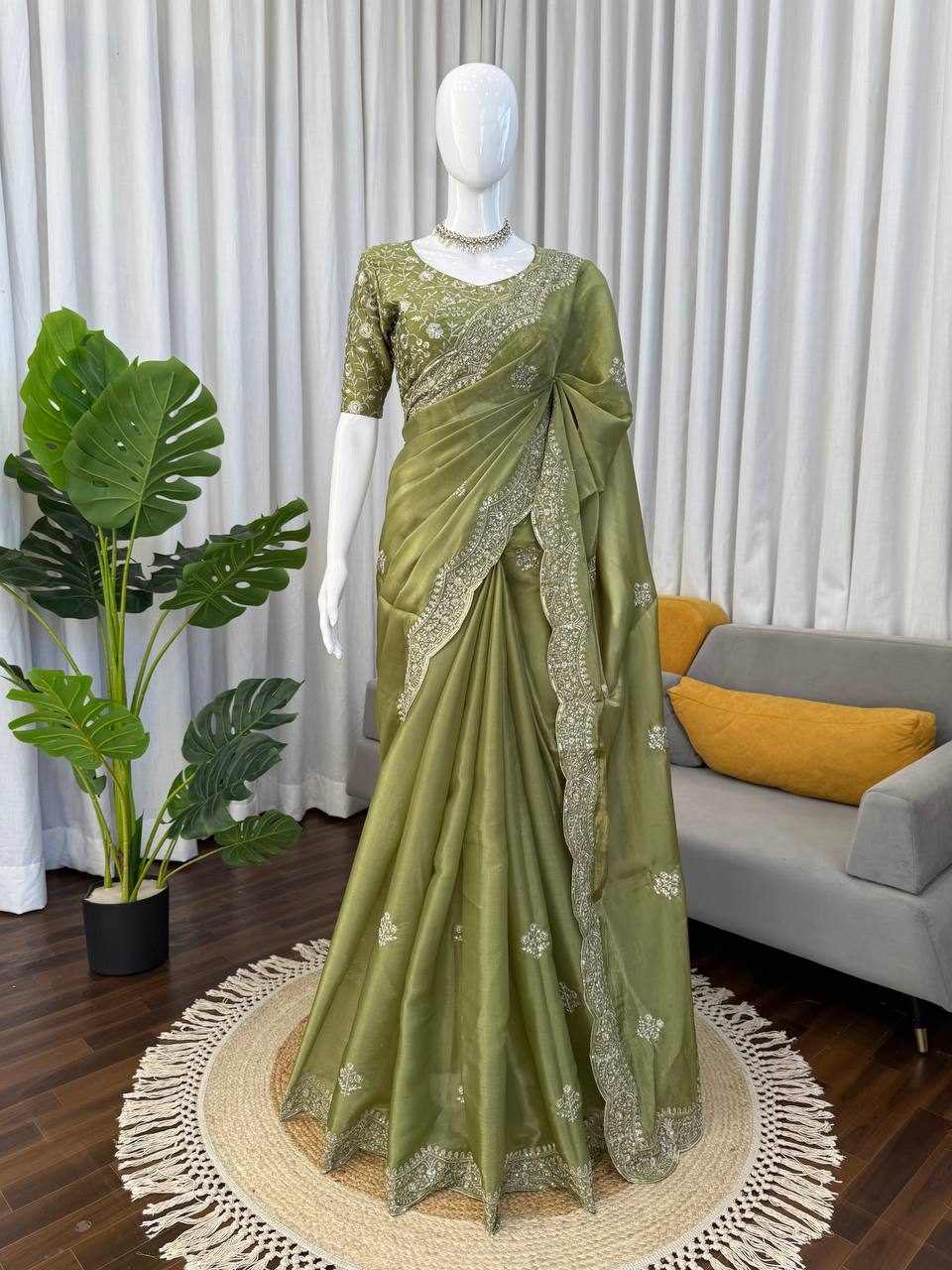 AAvaran Olive Radiance Jimmy Chu Sequined Saree by AAvaran Saree