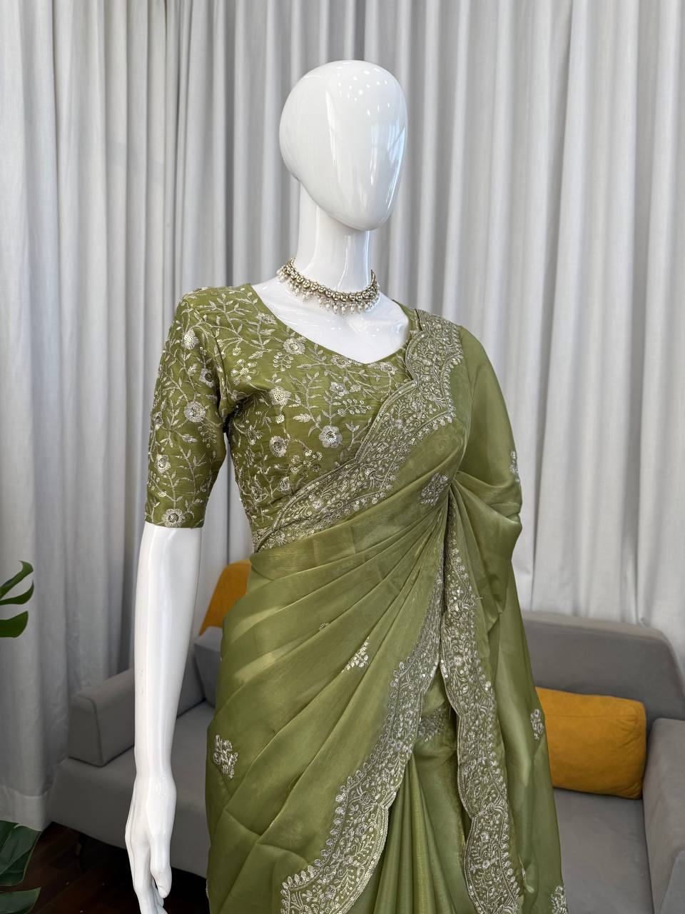 AAvaran Olive Radiance Jimmy Chu Sequined Saree by AAvaran Saree