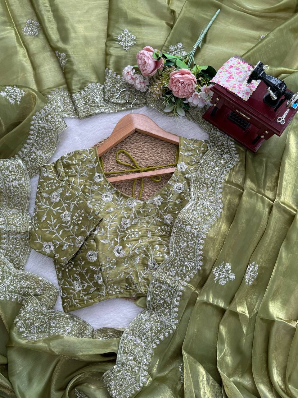 AAvaran Olive Radiance Jimmy Chu Sequined Saree by AAvaran Saree