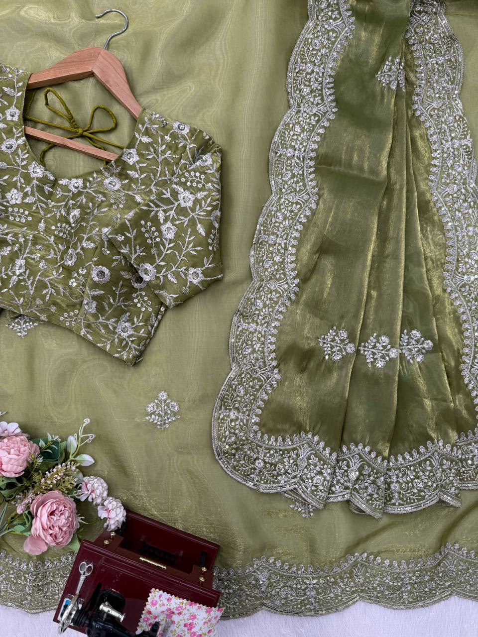 AAvaran Olive Radiance Jimmy Chu Sequined Saree by AAvaran Saree