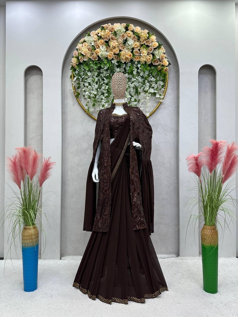 AAvaran Royal Cocoa Embellished Lehenga Saree Set by AAvaran Lehenga Saree