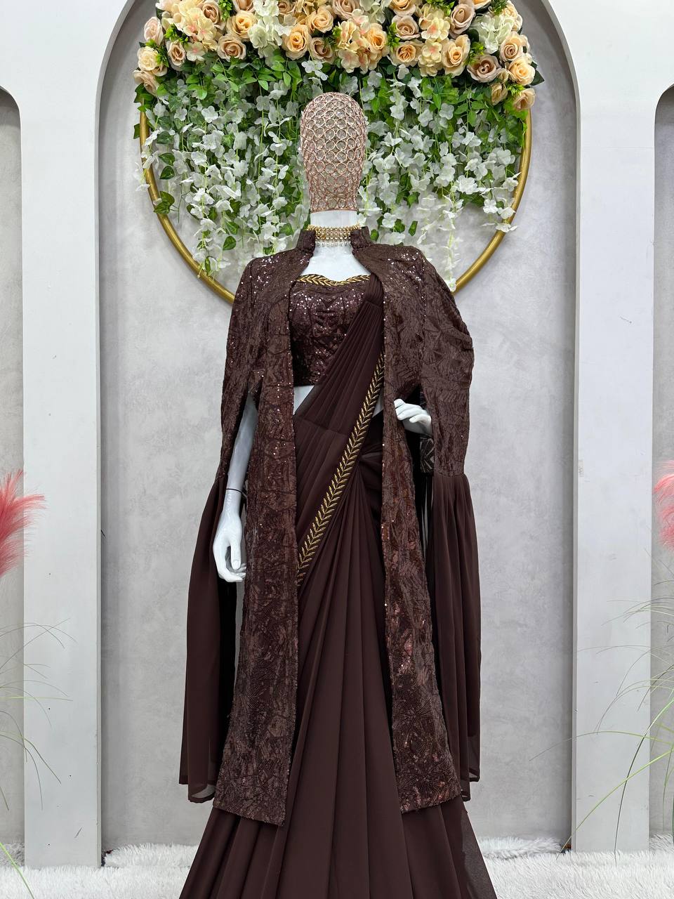 AAvaran Royal Cocoa Embellished Lehenga Saree Set by AAvaran Lehenga Saree