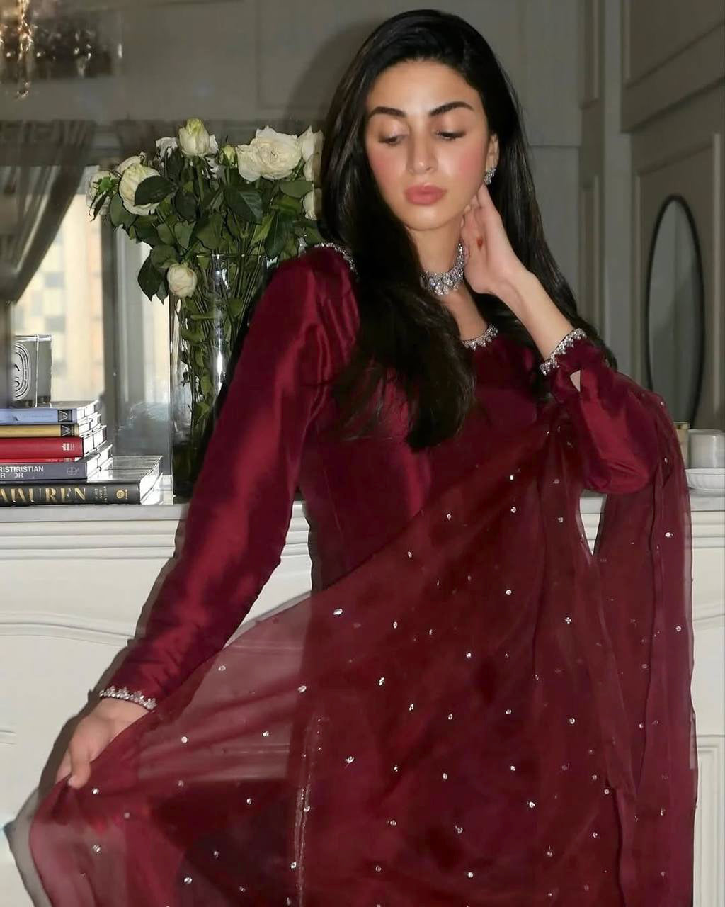 AAvaran AAvaran Maroon Jimmy Choo Silk Embroidered Kurti Pant Set with Dupatta Kurti Set with dupatta & Pant