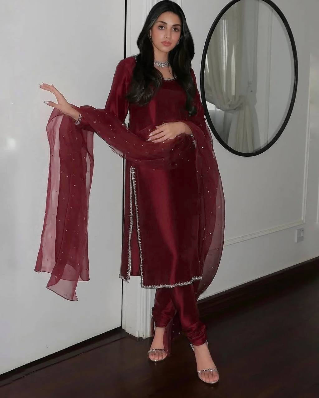 AAvaran AAvaran Maroon Jimmy Choo Silk Embroidered Kurti Pant Set with Dupatta Kurti Set with dupatta & Pant